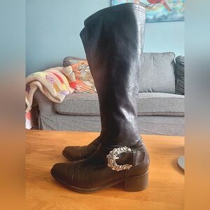 Black Heeled Boots with Silver Buckle